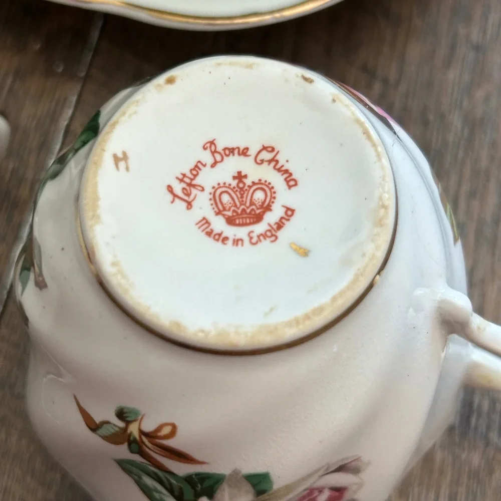 Lefton Bone China Teacup Saucer Sets Made in England Floral Gold Trim 2 Pairs